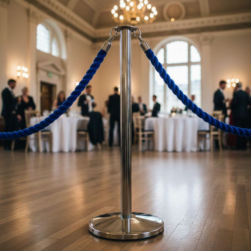 Blue-velvet-rope-fixed-to-chrome-stanchion-post-in-elegant-banquet-hall-with-round-tables-and-chandelier-lighting