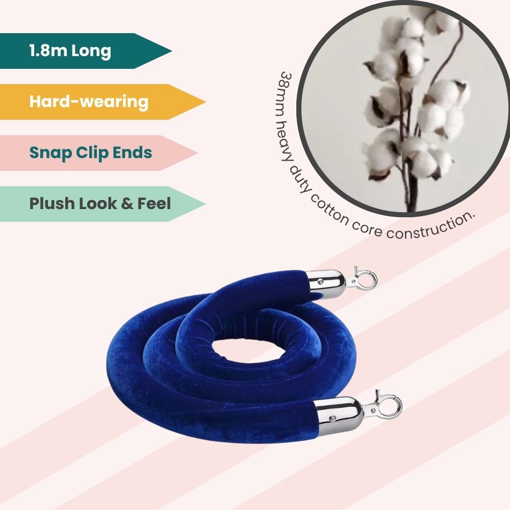 Blue velvet rope with snap clips and cotton core, used for elegant crowd control setups.