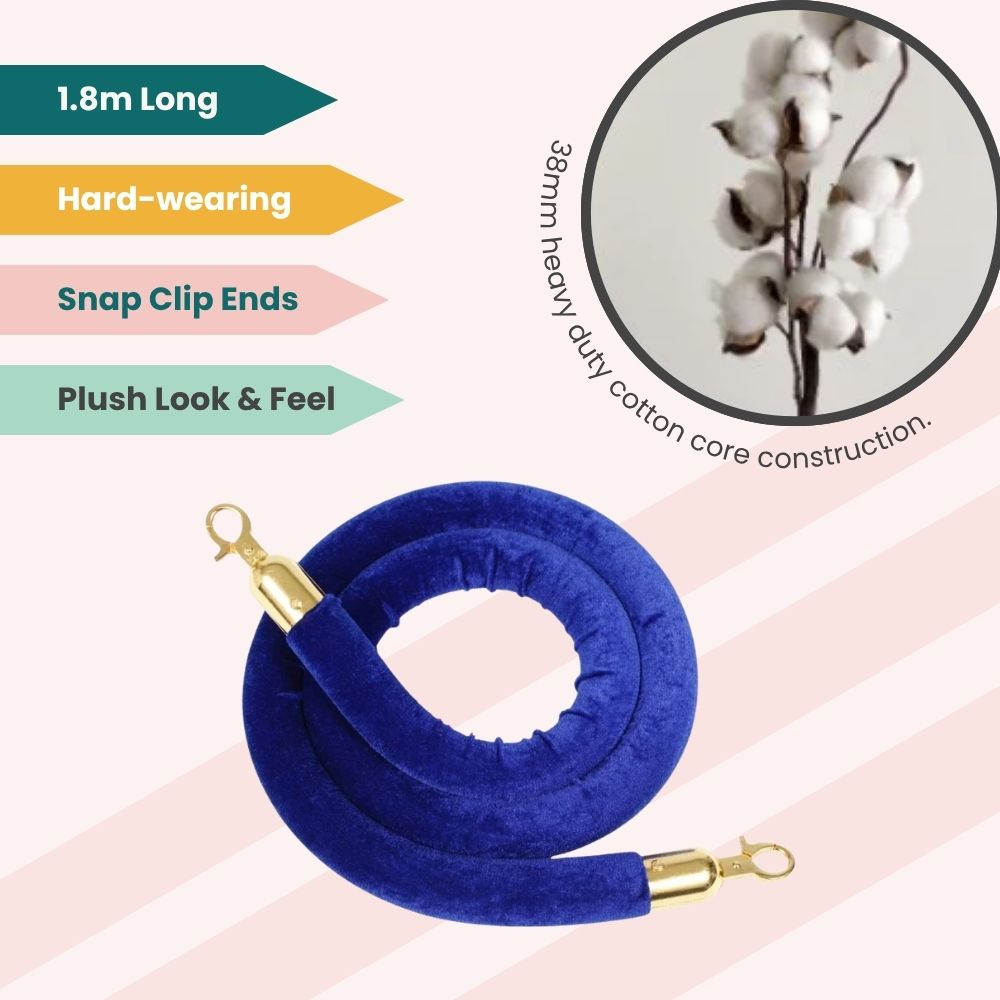 Blue velvet rope with plush finish and gold clips, built for premium stanchion setups.