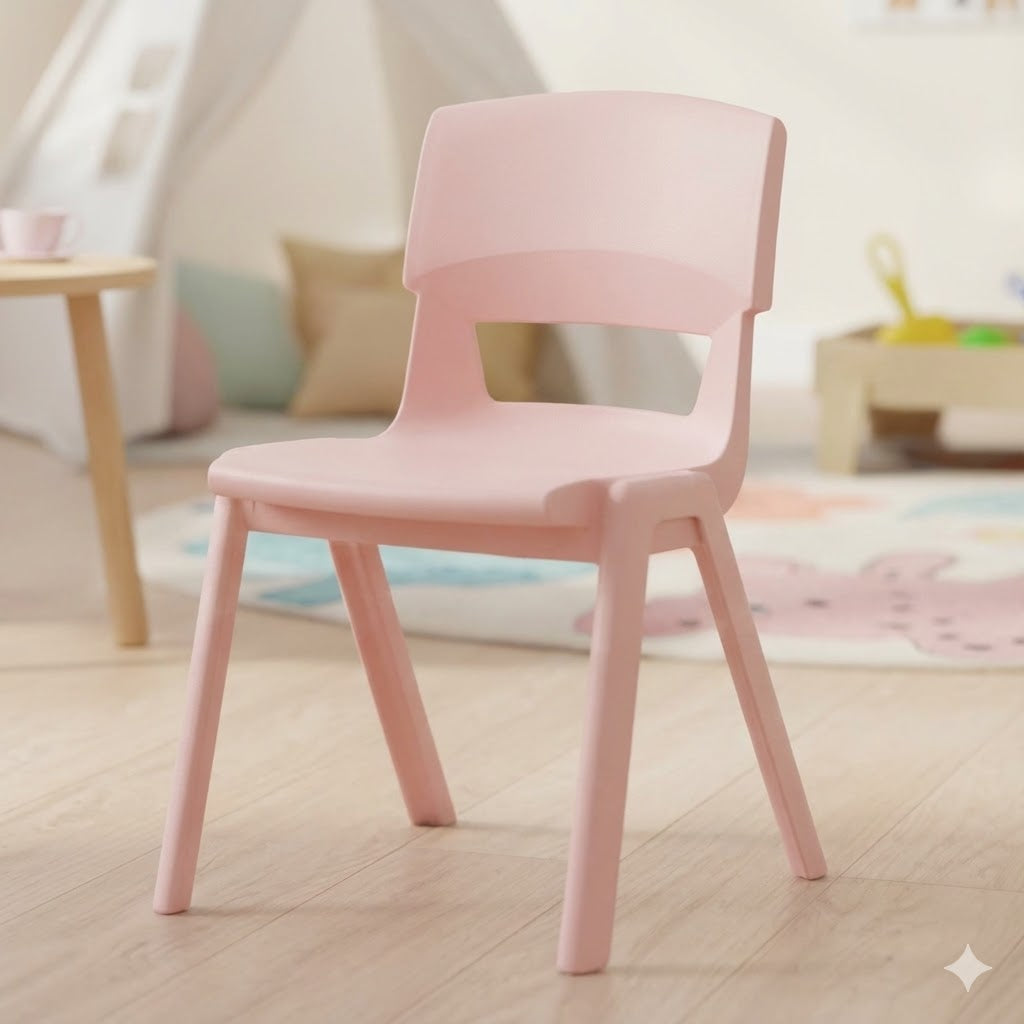 A blush pink plastic chair in a cosy soft-play learning nook, with neutral décor, pastel cushions, and a tented reading corner in the background.