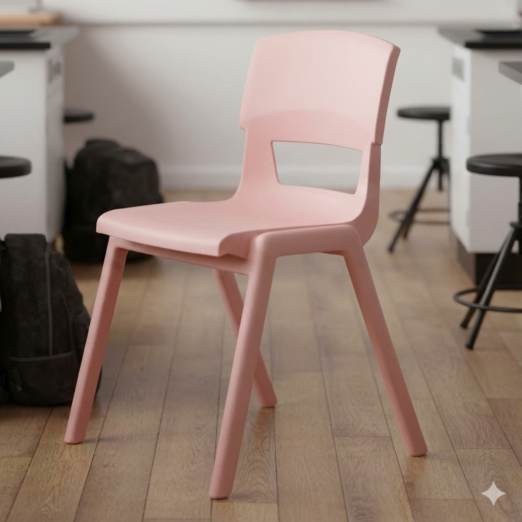 A blush pink school chair with a curved backrest, positioned in a science lab surrounded by black stools and workbenches on wood-effect flooring.