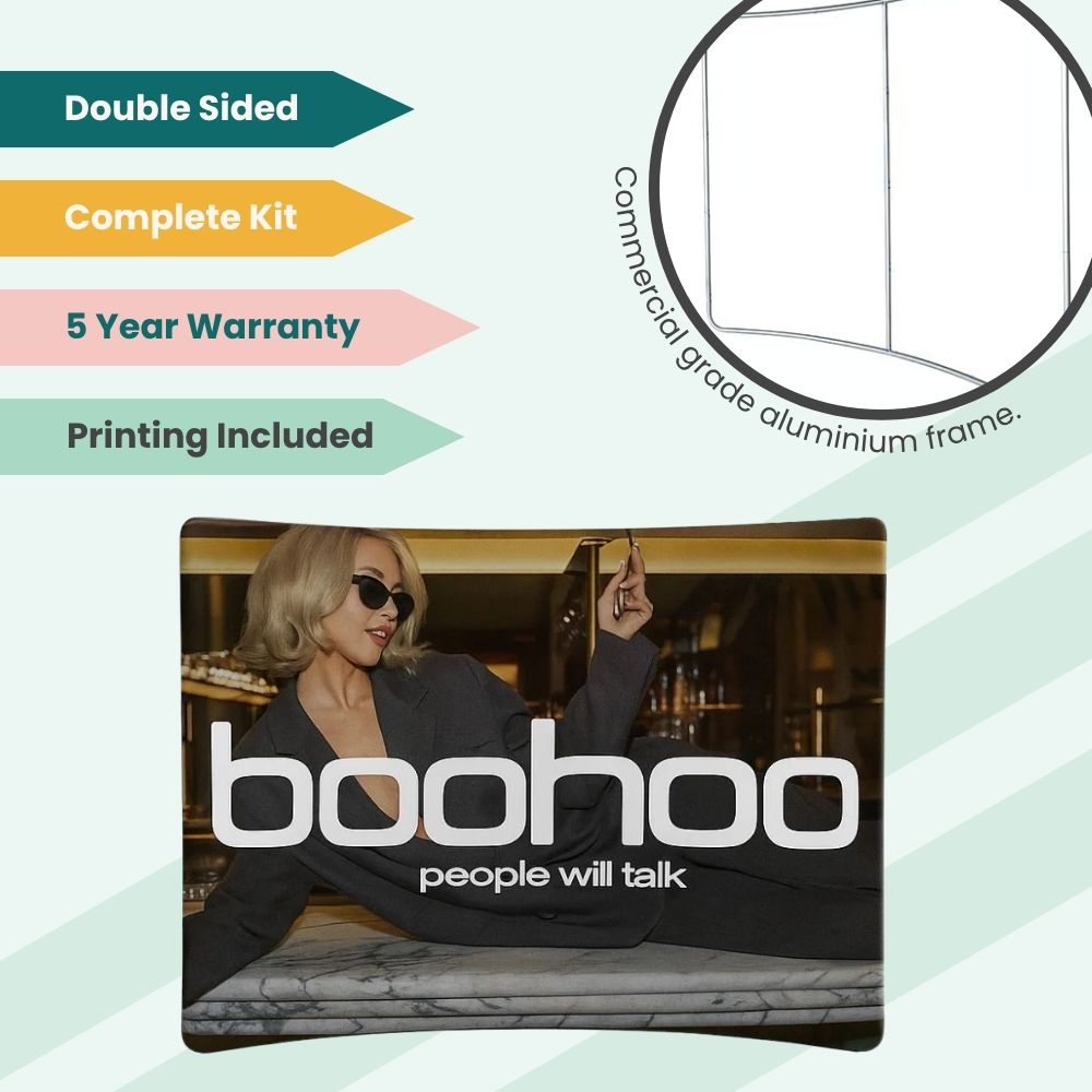 boohoo promotional banner with stylish model, commercial-grade aluminium frame, and features like double-sided printing and 5-year warranty.