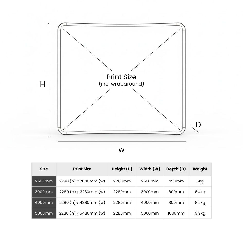 Technical diagram of boohoo fabric display stand showing height, width, depth, and wraparound print area for branded event setup.