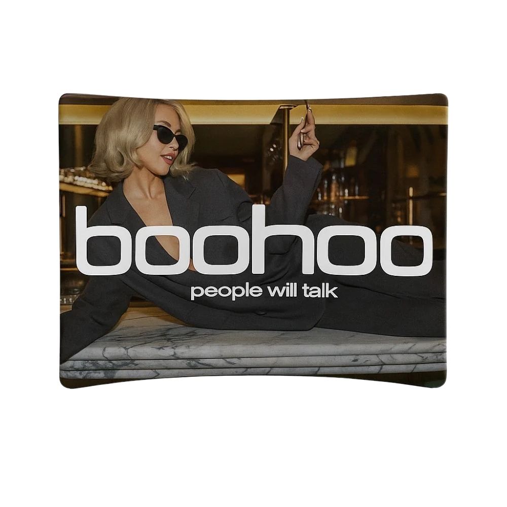 boohoo branded banner featuring model in marble setting with slogan “people will talk,” ideal for fashion-forward retail or event branding.
