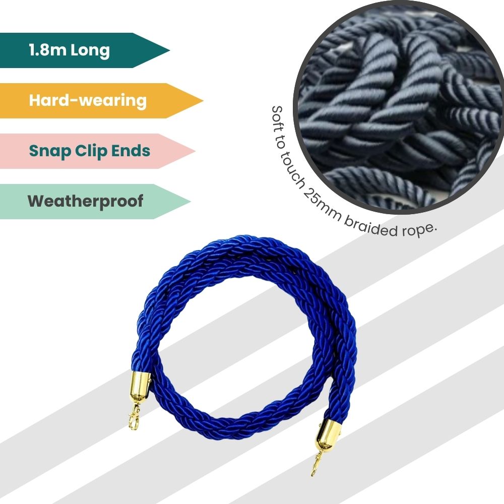 Braided rope with gold clips and soft-touch finish, highlighted for durability and decorative use.