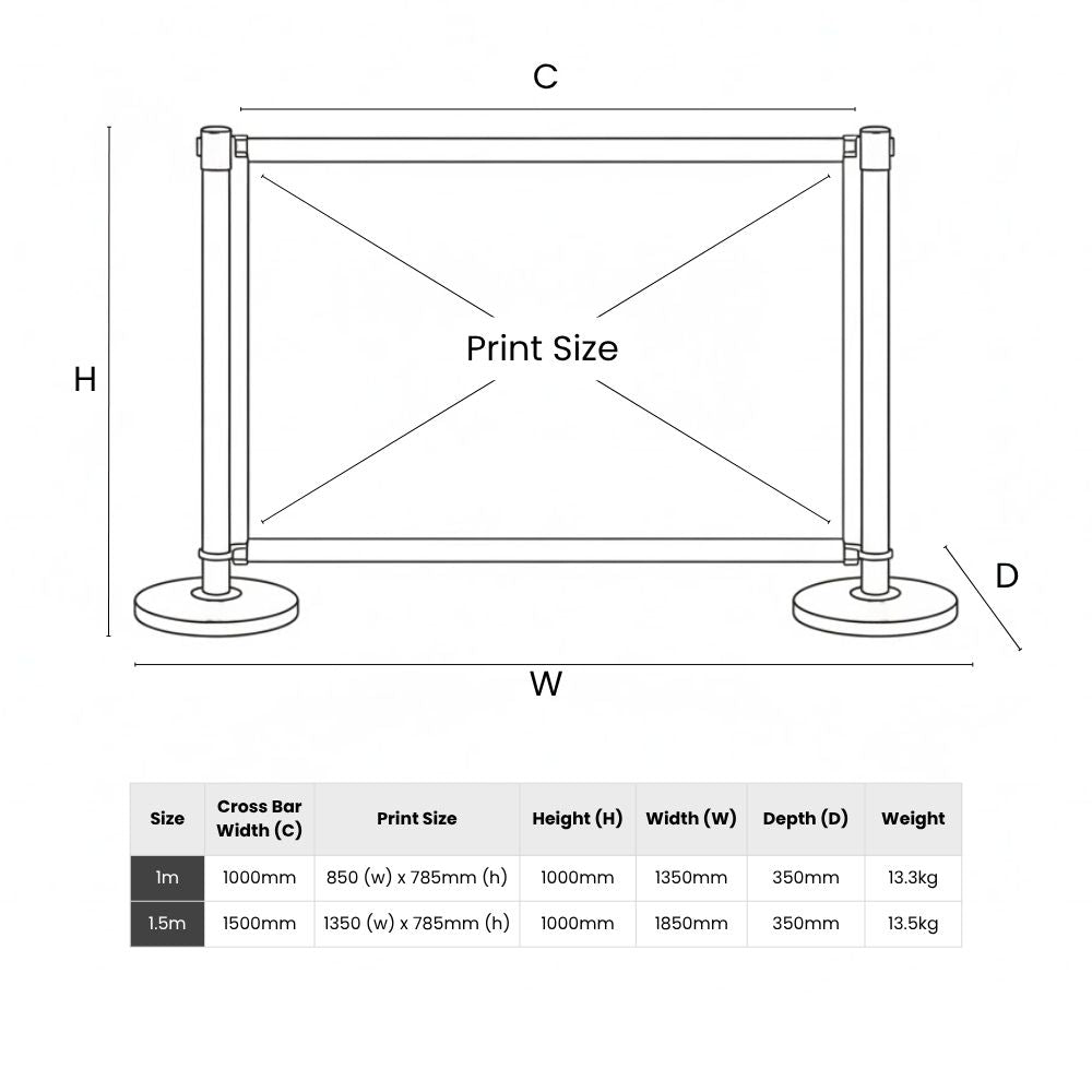 Technical diagram of printed barrier system showing height, width, depth, and print area for 1m and 1.5m configurations.
