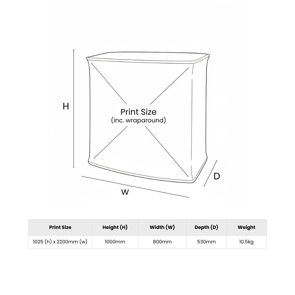 Technical diagram of promotional counter showing height, width, depth, and wraparound print area for event branding and design planning.