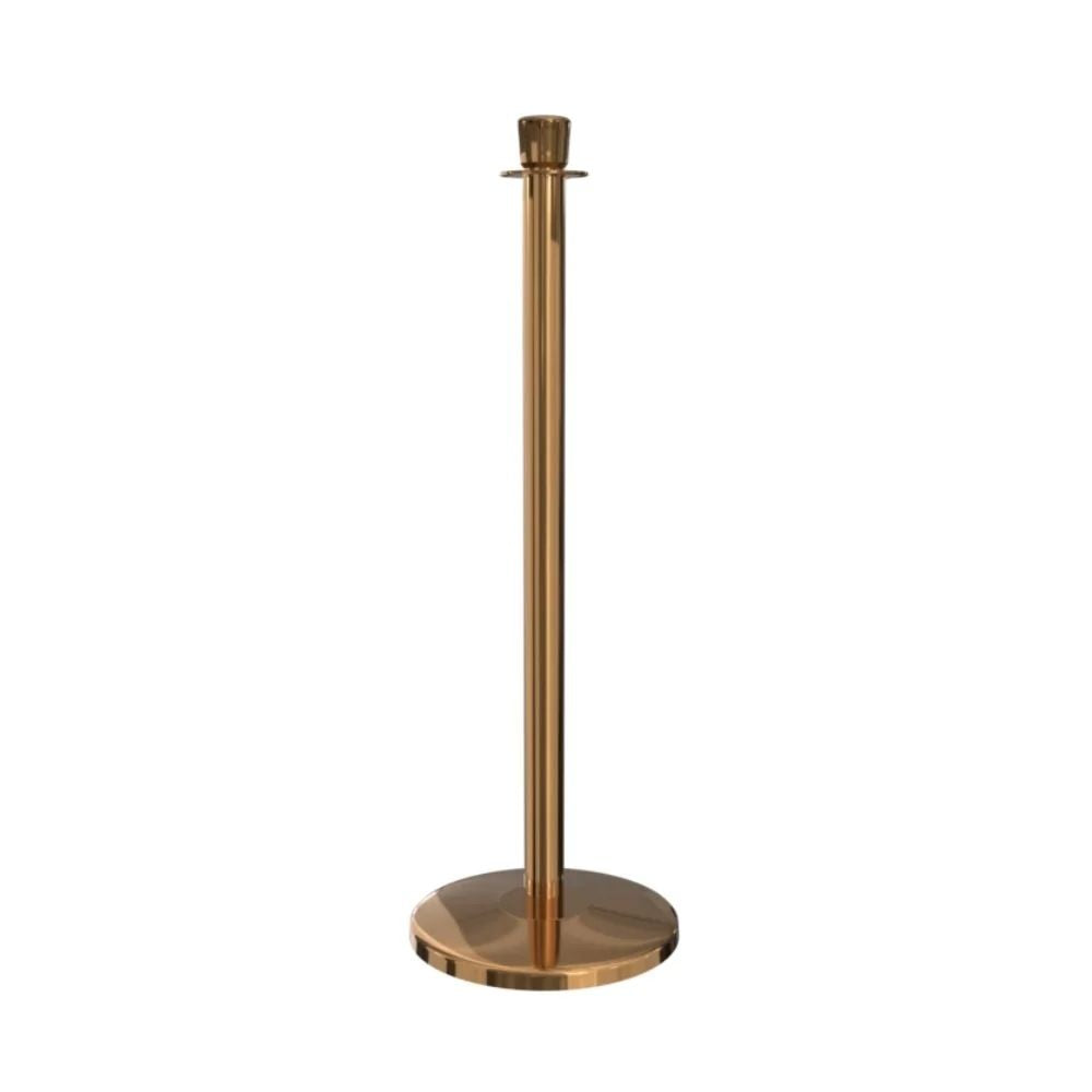Brass stanchion with forged rope loop and cast iron base, built for elegant queue control at formal venues.