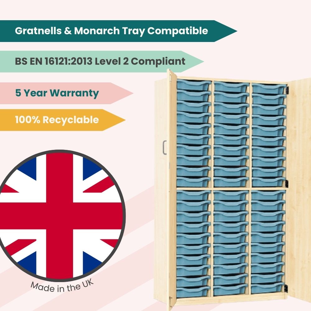 Marketing graphic showing a tall light wood cupboard with sixty metal blue trays, highlighting British manufacturing, recyclability, compliance, and a 5-year warranty.