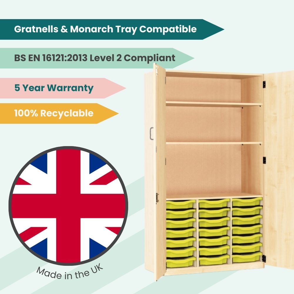 Marketing image of a British-manufactured tall cupboard with twenty-one lime green trays and three adjustable upper shelves, highlighting recyclability and compliance.