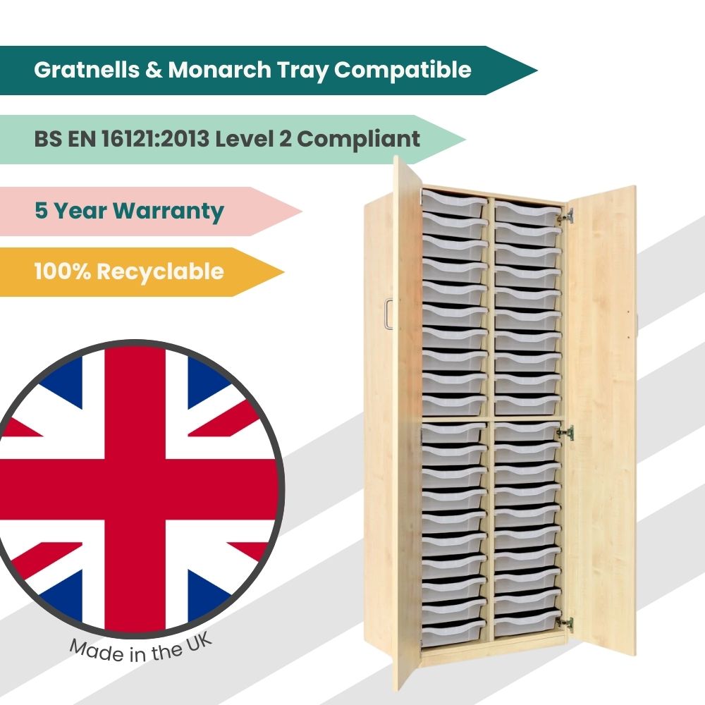 Promotional image of a tall British-made light wood cupboard with thirty-two light grey trays, highlighting compliance, warranty, and recyclability.