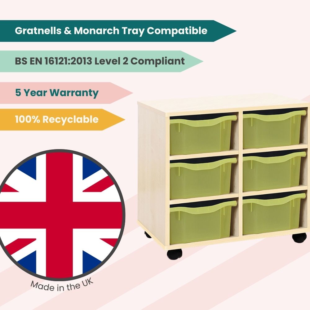 Promotional graphic of a British-made light wood storage unit with citron yellow tint trays, showcasing recyclability, 5-year warranty, and compliance standards.