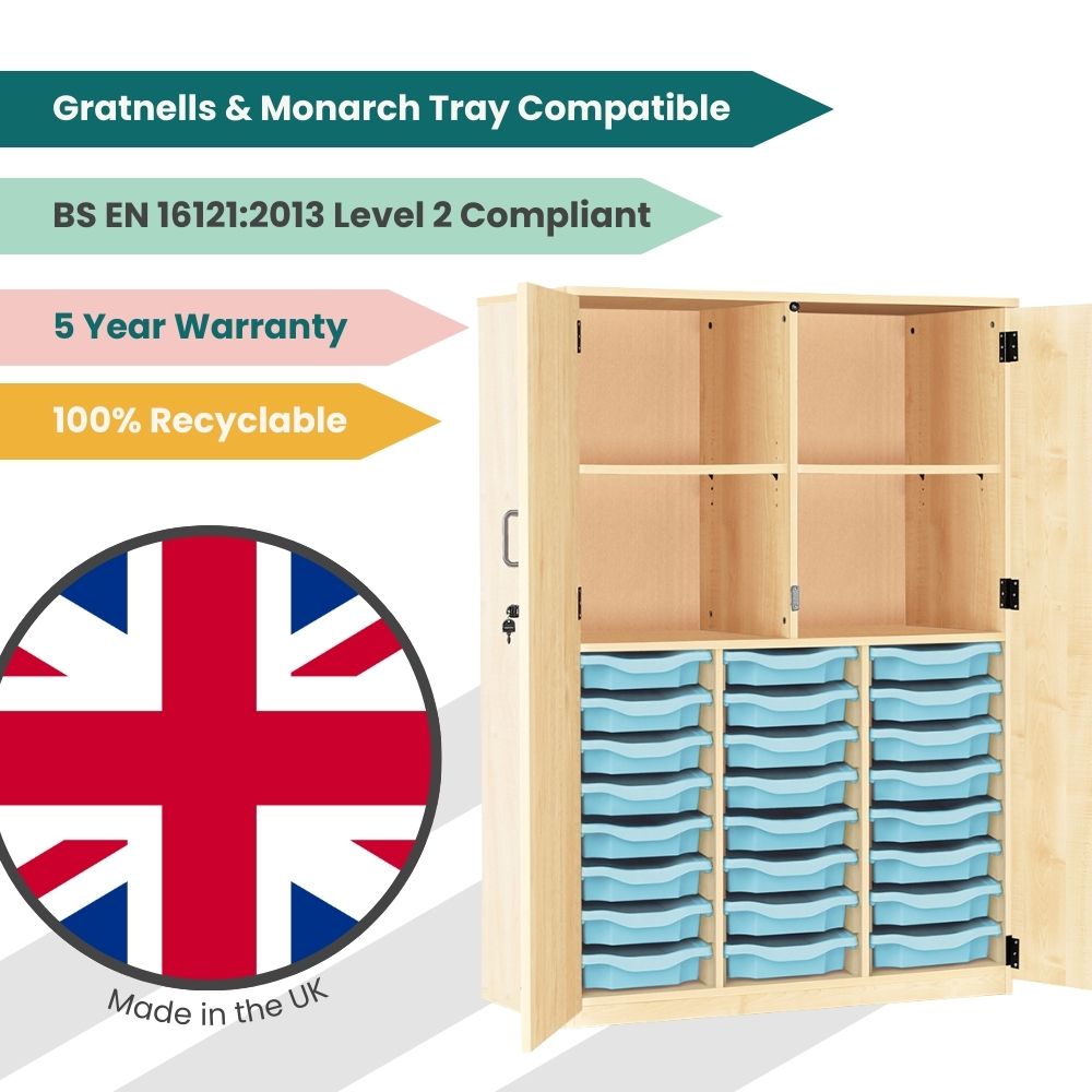 Promotional image of a mid-height light wood cupboard containing twenty-four sky blue trays and four upper compartments, highlighting UK manufacturing, compliance, and recyclability.