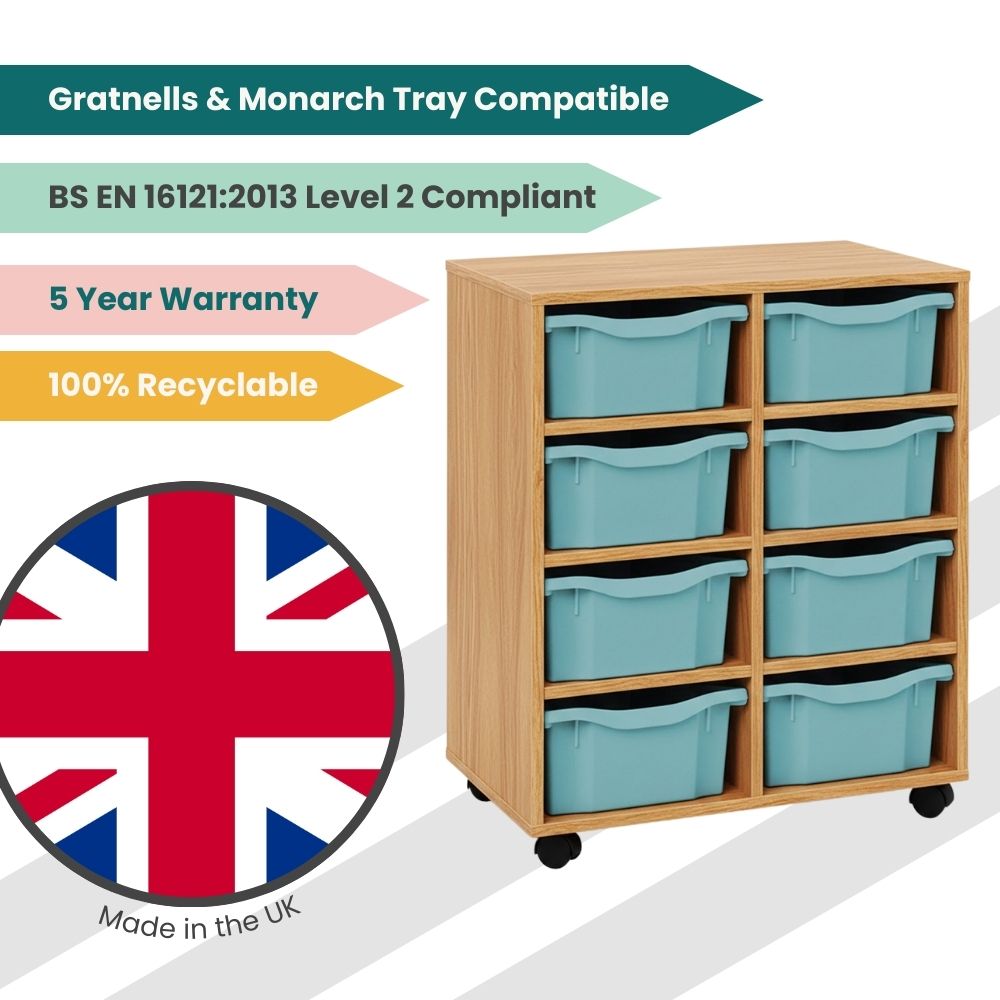 Marketing graphic of an oak-effect tray unit with metal blue trays, displaying compliance labels, warranty information, and a Union Jack flag indicating UK manufacturing.