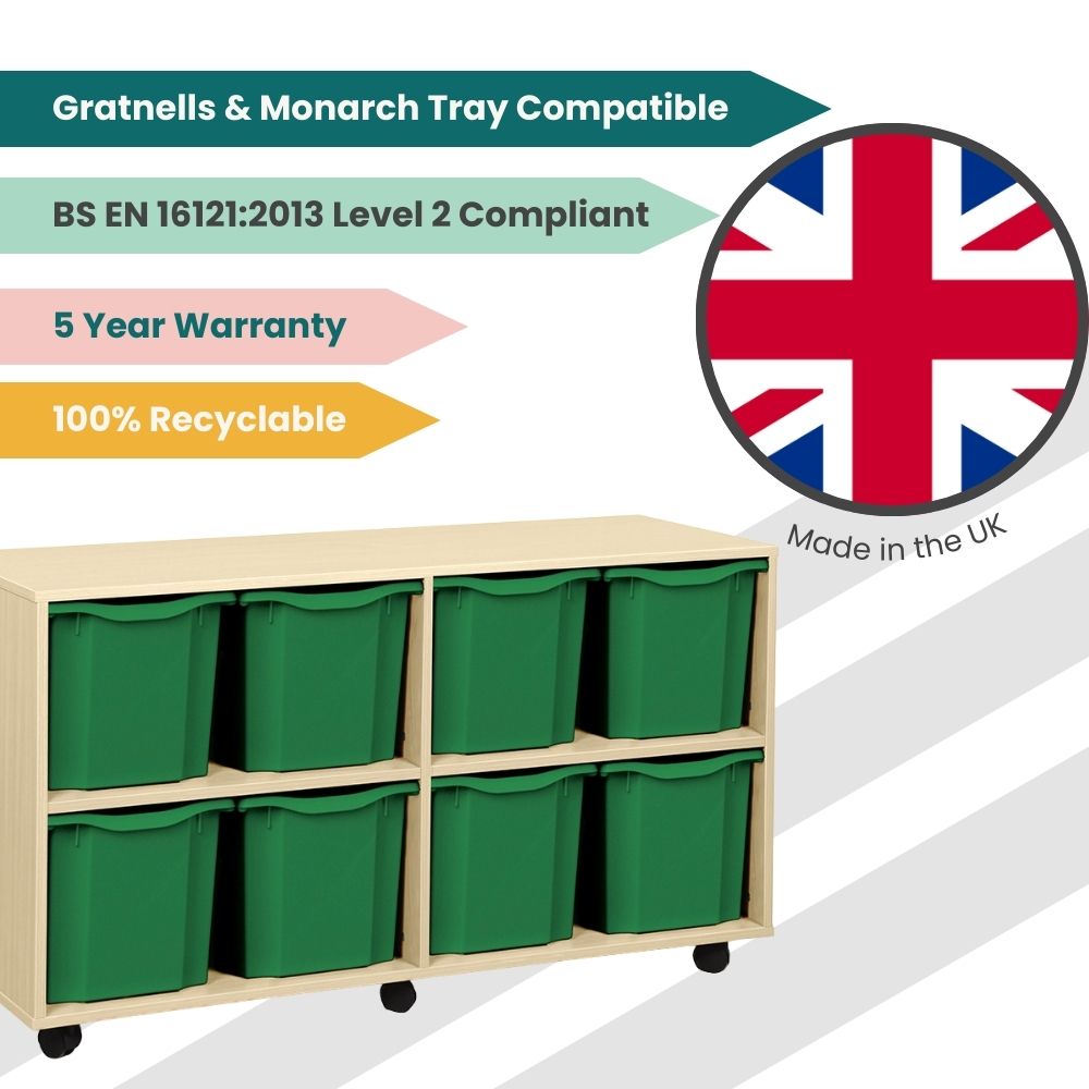 Promotional graphic showing a light wood tray unit with eight green quad trays, accompanied by British manufacturing, warranty, and recyclability credentials.