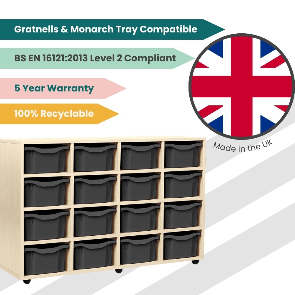 Promotional graphic of a British-made light wood storage unit with fifteen dark grey double trays, featuring badges for recyclability, warranty, and BS EN 16121:2013 compliance.