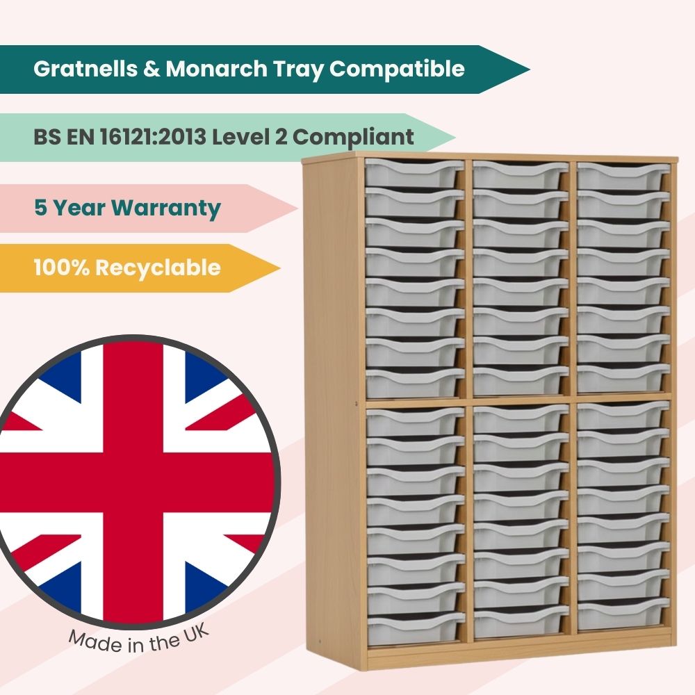 Promotional graphic of a British-made wooden unit with forty-eight light grey trays, showcasing its 5-year warranty, recyclability, and BS EN 16121:2013 certification.