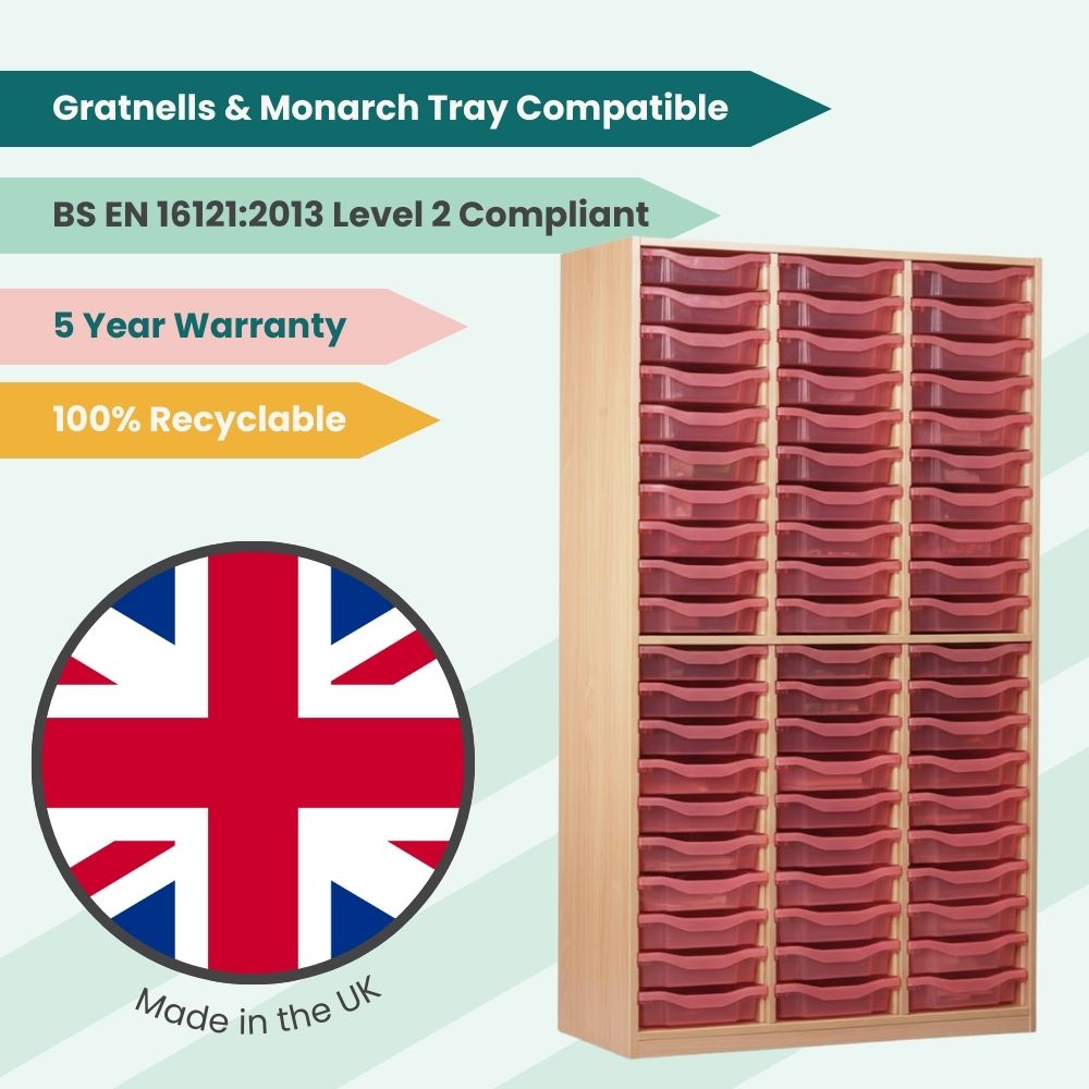 Marketing graphic of a tall wooden unit with sixty rose pink tint trays, showcasing British manufacturing, 5-year warranty, recyclability, and compliance badges.