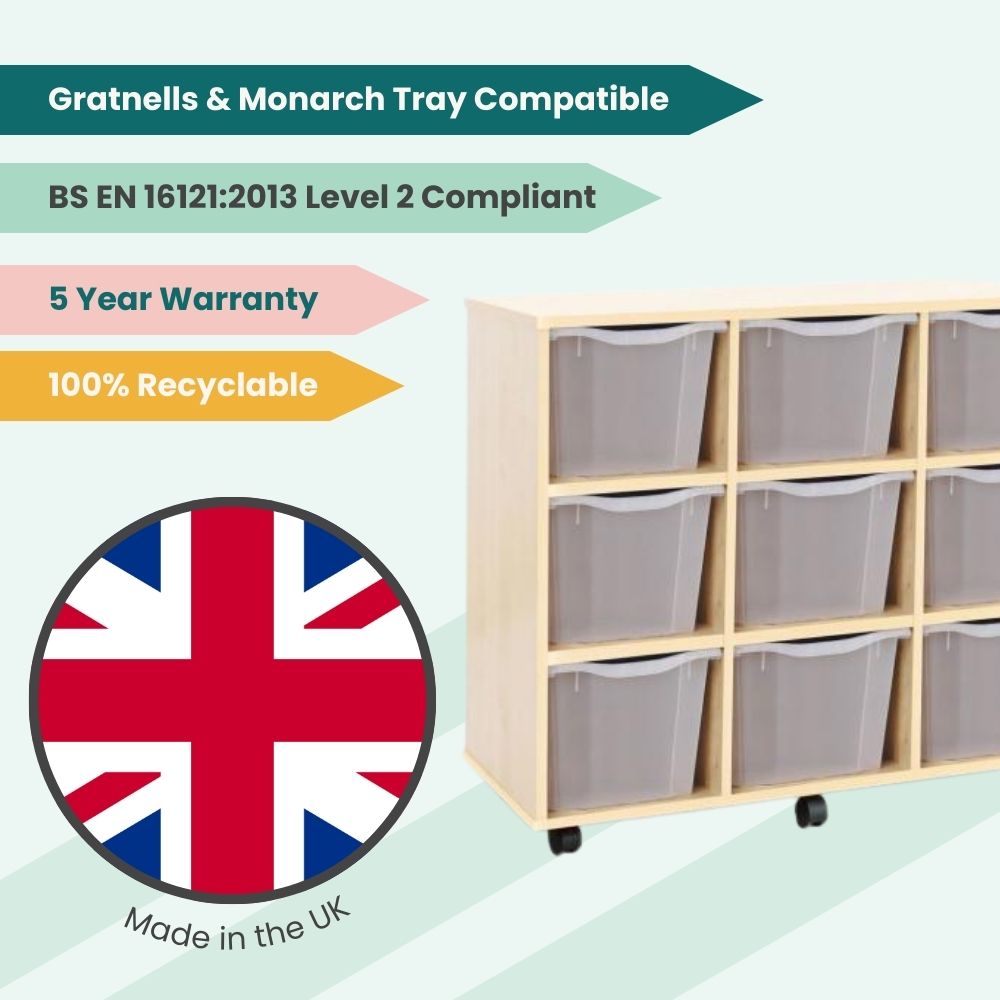 Promotional graphic showing a wooden storage unit with translucent trays, highlighting British manufacturing, 5-year warranty, recyclability, and compliance with BS EN 16121:2013 Level 2.