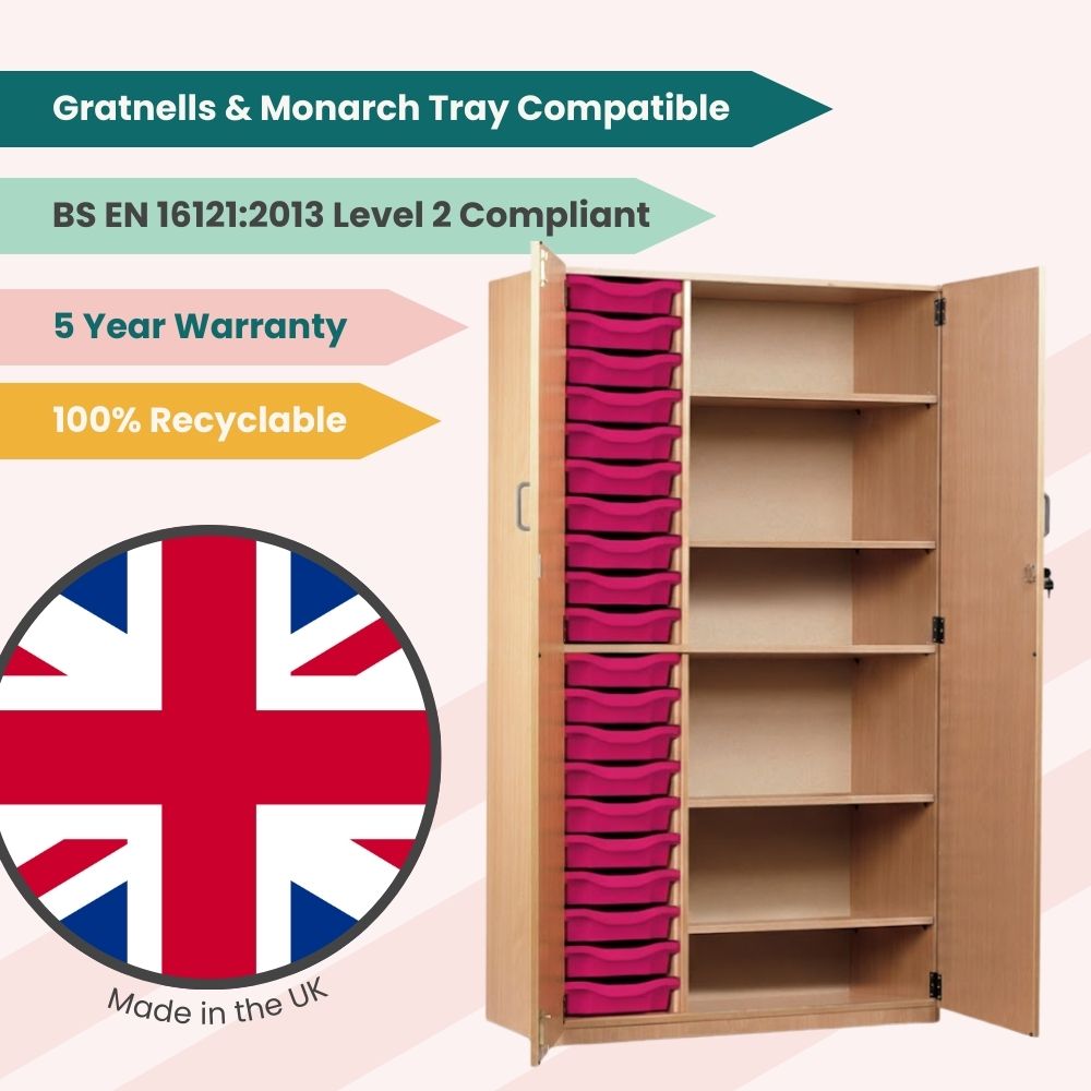 Marketing image of a British-made wooden cupboard with twenty pink trays and open shelving, highlighting its recyclability, 5-year warranty, and BS EN 16121:2013 compliance.