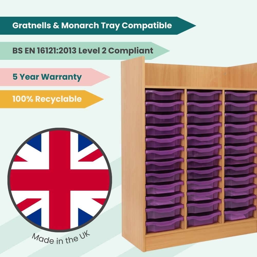 Marketing graphic of a tall wooden tray unit with violet tint trays, highlighting UK manufacturing, recyclability, compliance, and warranty.