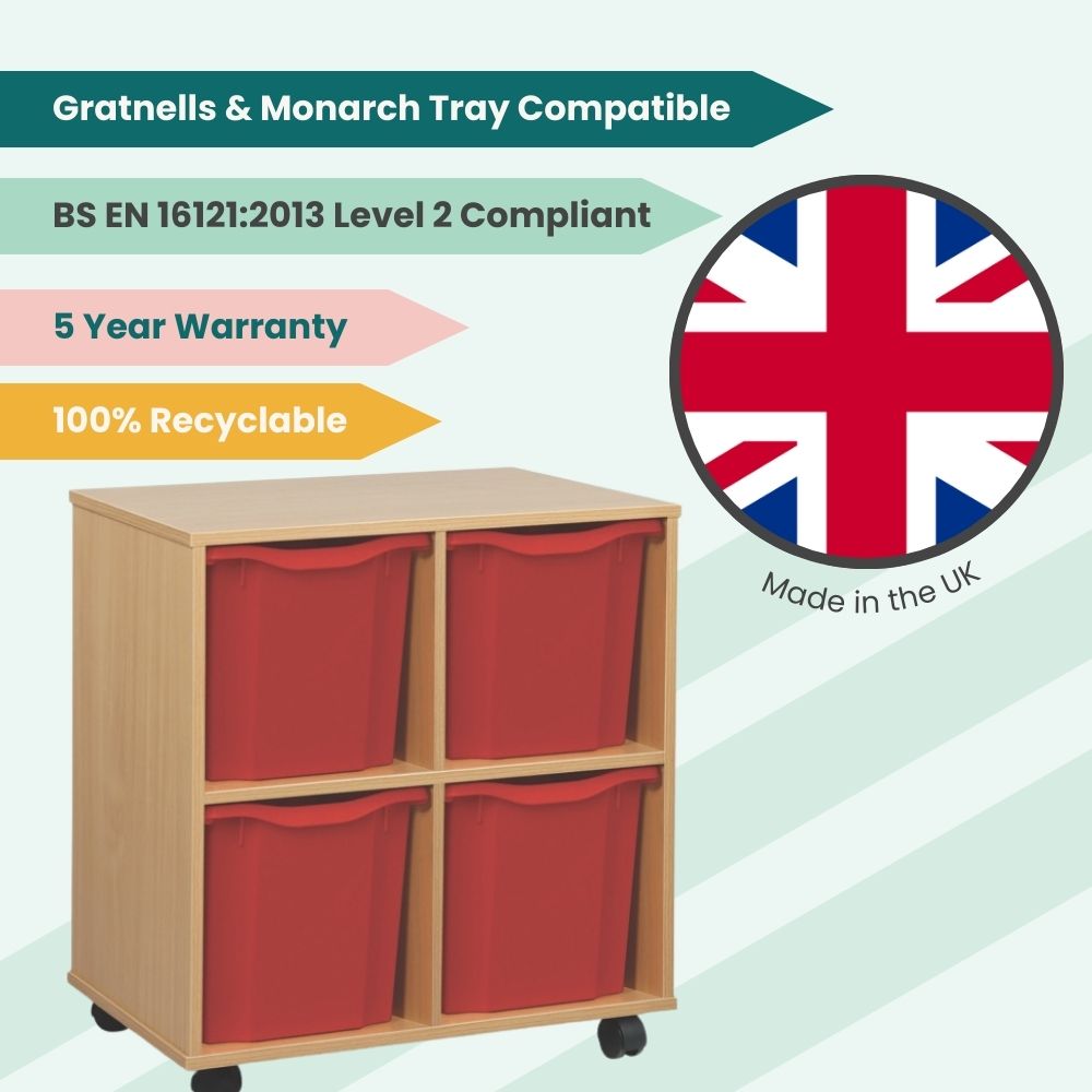 Promotional image of a British-made wooden storage unit containing four red quad trays, highlighting its 5-year warranty, recyclability, and BS EN 16121:2013 compliance.