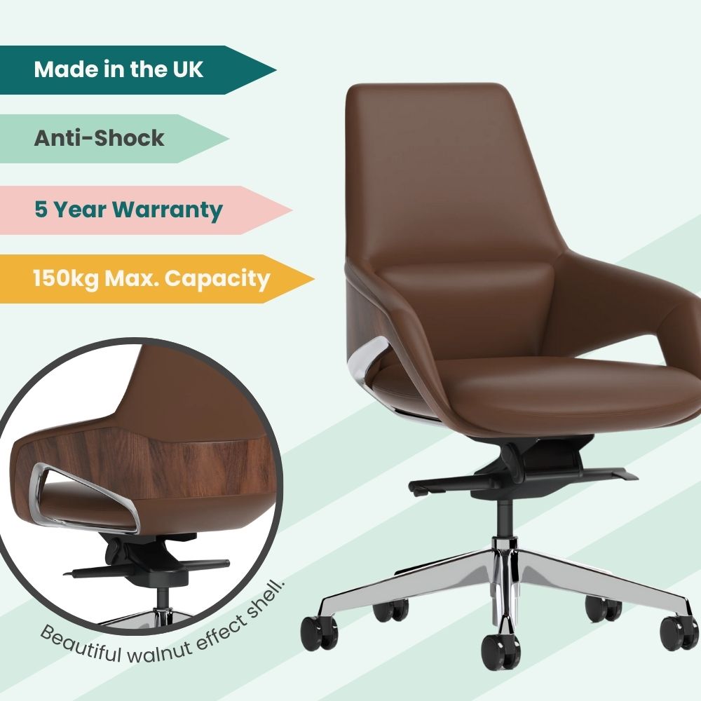 Brown faux leather executive office chair with walnut effect shell and chrome base, shown with UK manufacturing label and key features including anti-shock design, 150kg capacity, and 5-year warranty.
