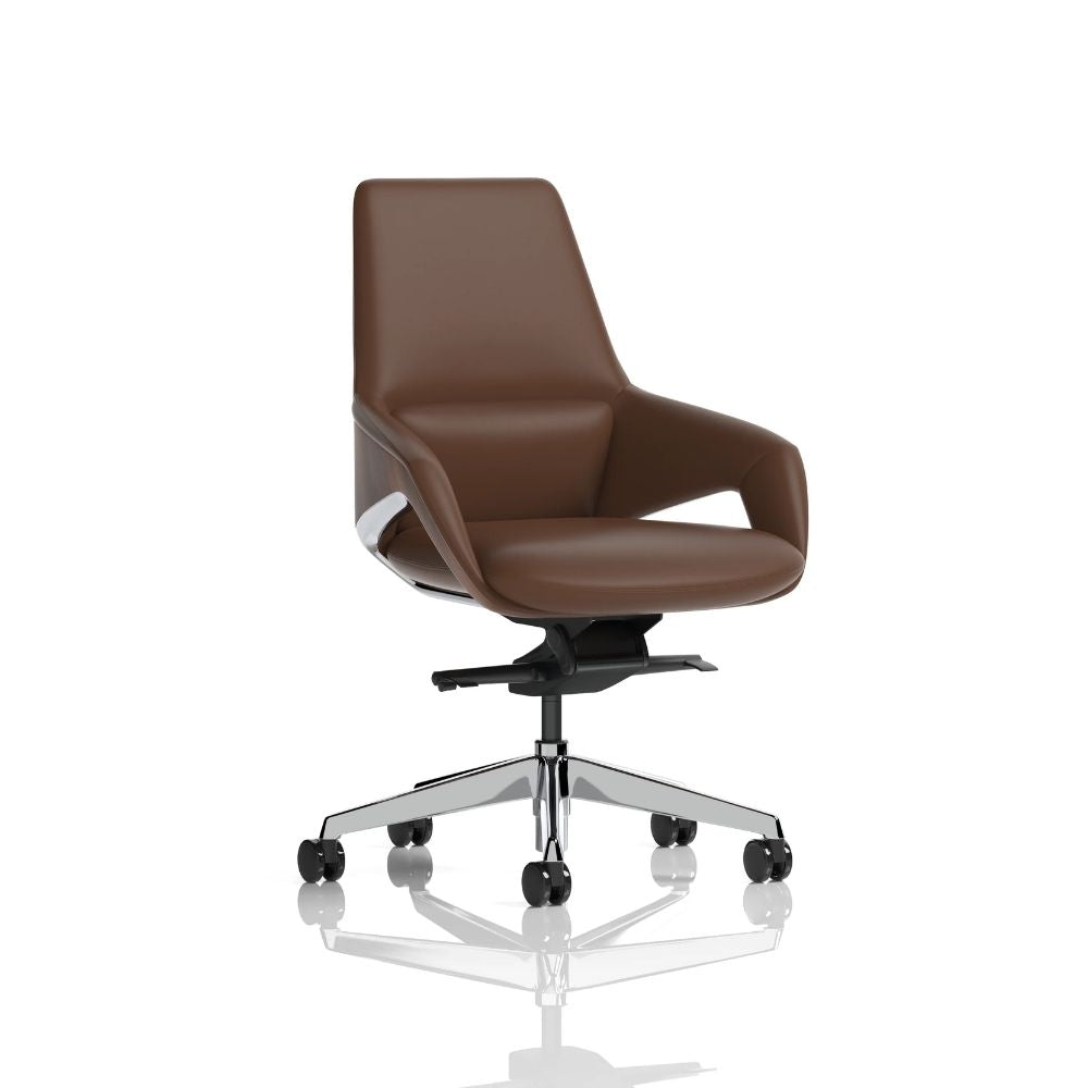 Executive swivel chair upholstered in brown faux leather with a walnut effect shell and chrome base, featuring cushioned armrests and sleek contours, displayed on a white background.