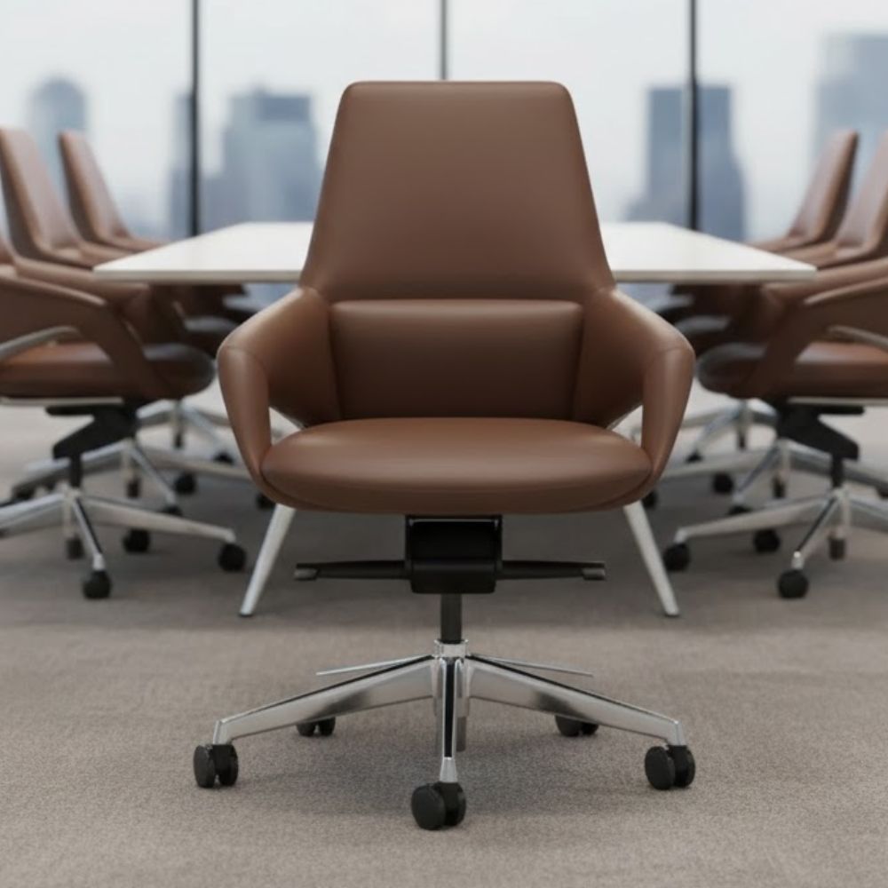 Sophisticated brown leather office chair featuring a high back, cushioned seat, and chrome-finished legs, positioned at a large boardroom table with panoramic city views.