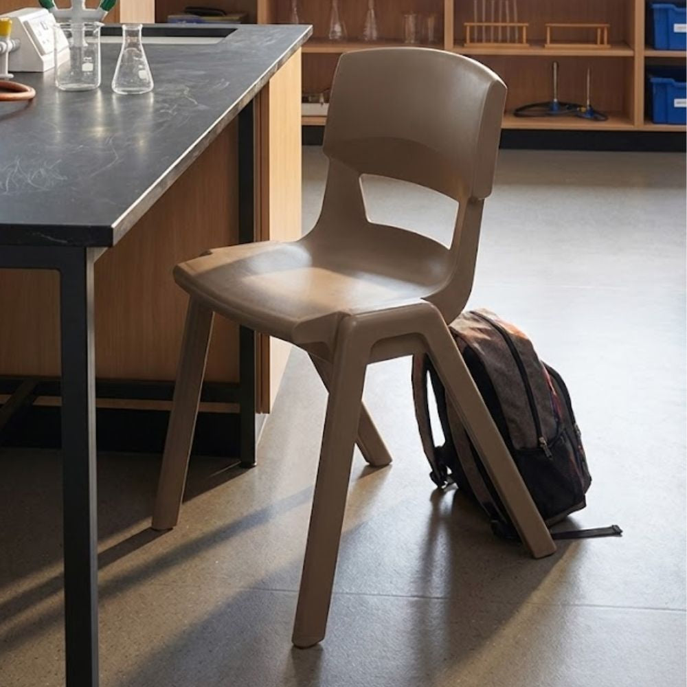 
Brown plastic chair beside lab table with Erlenmeyer flasks, ideal for school science classrooms
