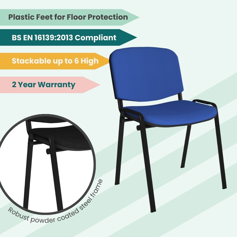 Blue stackable chair with black powder-coated steel frame, plastic feet for floor protection, and BS EN 16139 compliance. Stackable up to six high with 2-year warranty, ideal for conference rooms and institutional seating.