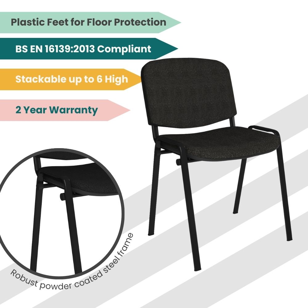 Black stackable chair with powder-coated steel frame, plastic feet for floor protection, and compliance with BS EN 16139. Stackable up to six high with 2-year warranty, ideal for contract-grade seating.