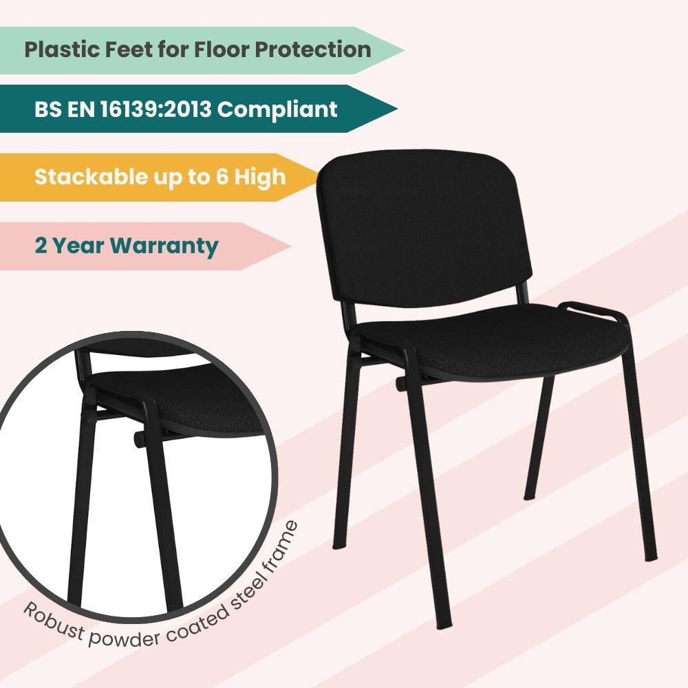 Black office chair with padded seat and backrest, supported by a metal four-leg frame. Stackable and space-efficient, ideal for classrooms, meeting rooms, or reception areas requiring durable and functional seating.