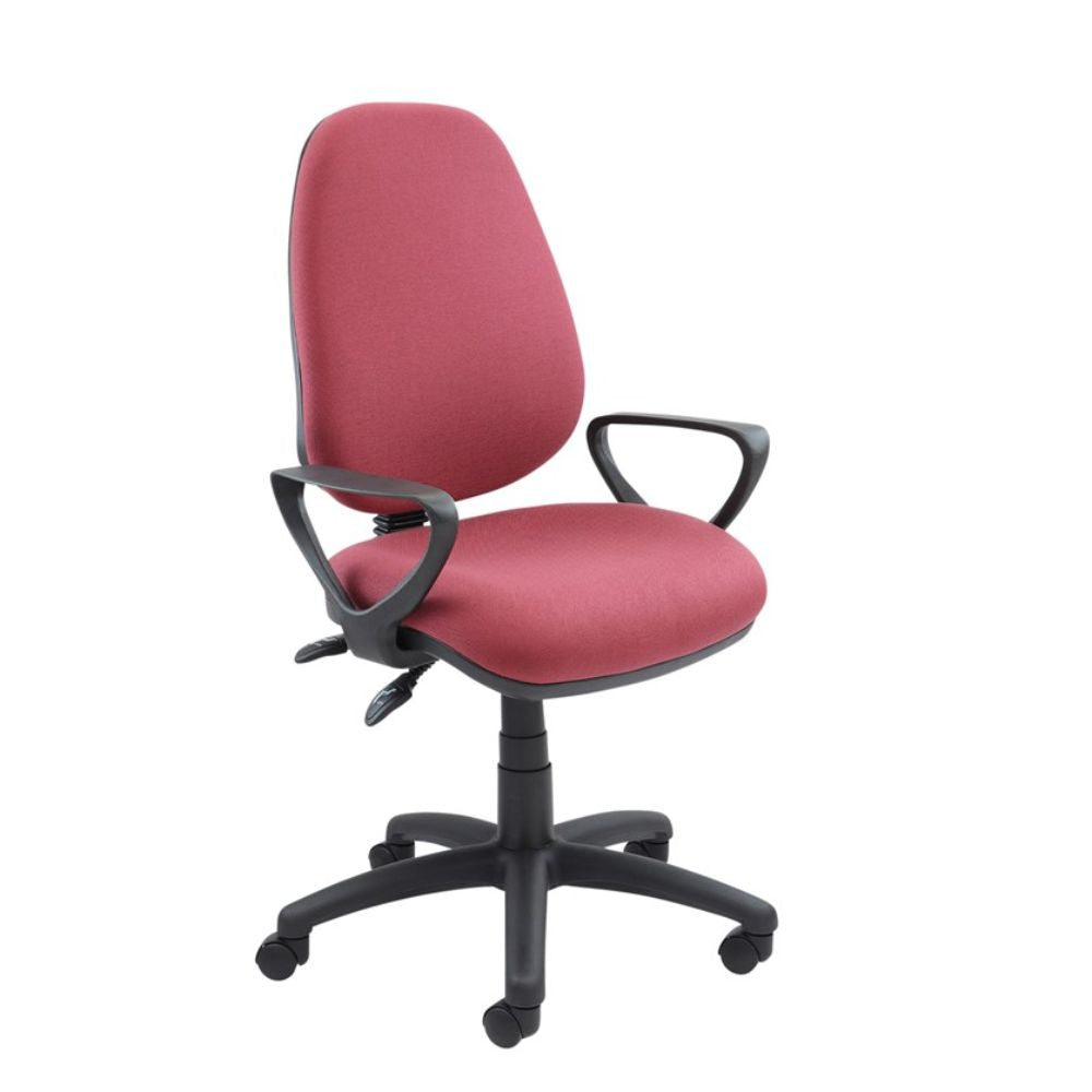 Burgundy fabric operator office chair featuring a padded backrest and seat, black armrests, twin lever adjustment and height-adjustable five-star base with castor wheels, isolated on a white background.