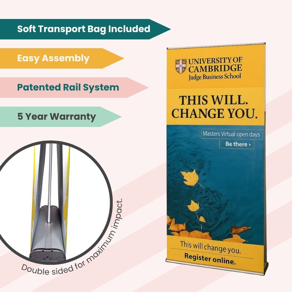 Cambridge Judge Business School banner with water and leaves background promoting virtual open days.