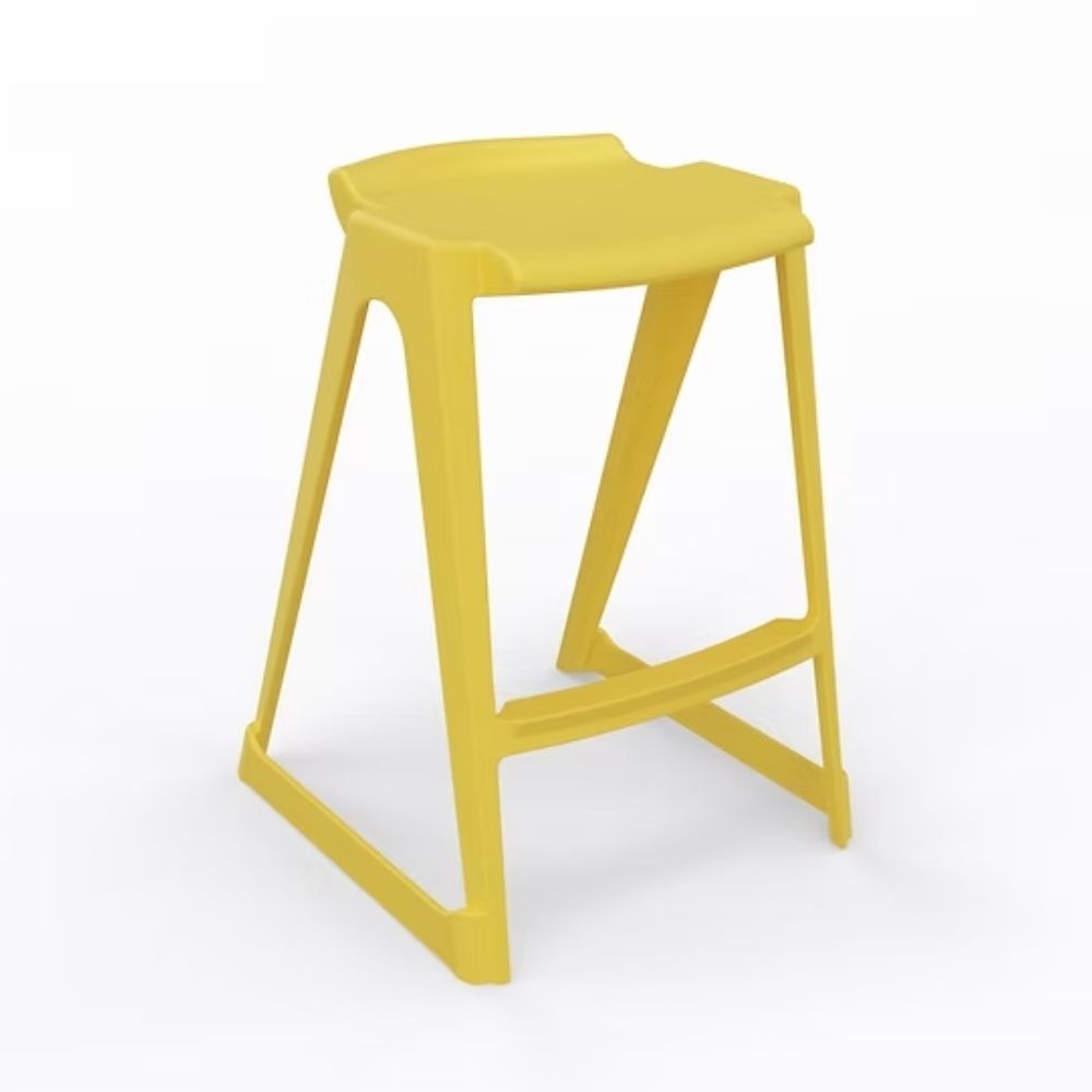 A vibrant canary-yellow polymer low back stool with a 610mm seat height, featuring an integrated anti-sway base and a compact ergonomic backrest for active school laboratory environments.