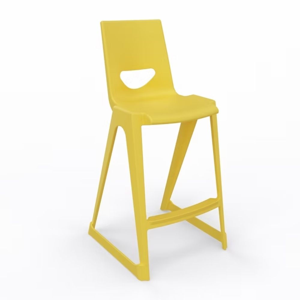 A vibrant canary-yellow polymer high stool with a 610mm seat height, featuring a structural anti-tilt chassis and an ergonomic high back for secure student use in campus laboratories.