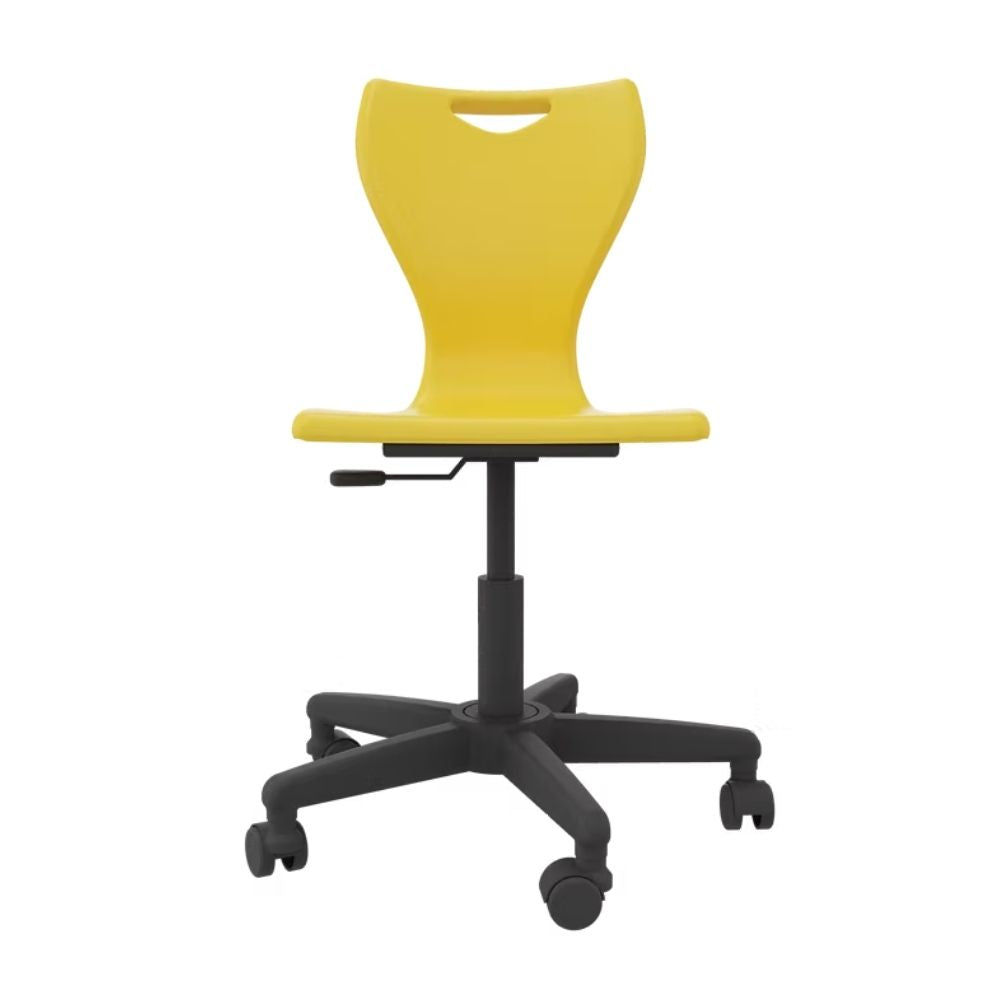 A height-adjustable canary yellow task chair featuring a 360-degree rotation spindle and a black five-pronged wheelbase for agile movement in a campus environment.