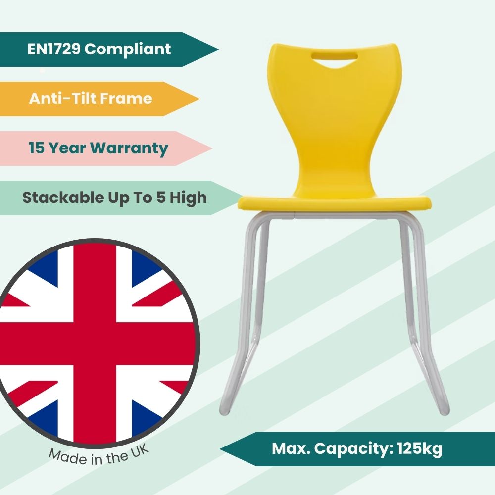 Canary yellow high-density student chair featuring a 15-year warranty and a reinforced sled frame base to prevent floor damage and backward tilting.