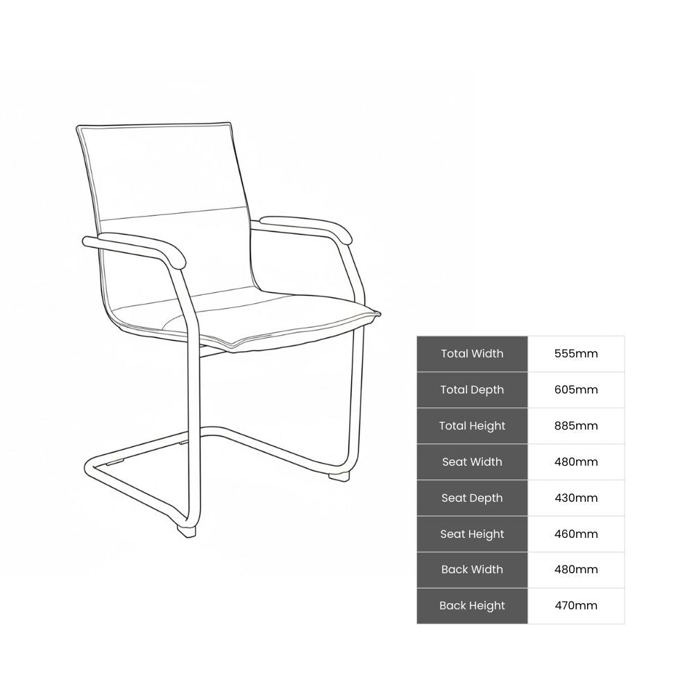Technical line drawing of cantilever office chair with armrests and compact frame. Dimensions include seat height 460mm, back height 470mm, and total width 555mm. Ideal for space-efficient planning in meeting rooms or reception areas.