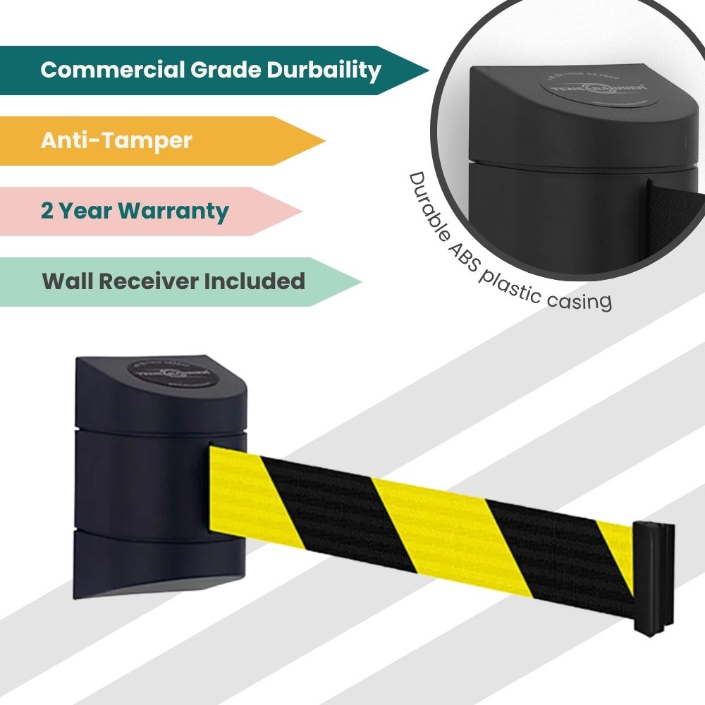 Wall-mounted barrier with black-and-yellow striped belt, ABS casing, and wall receiver for safety and restricted zone management.