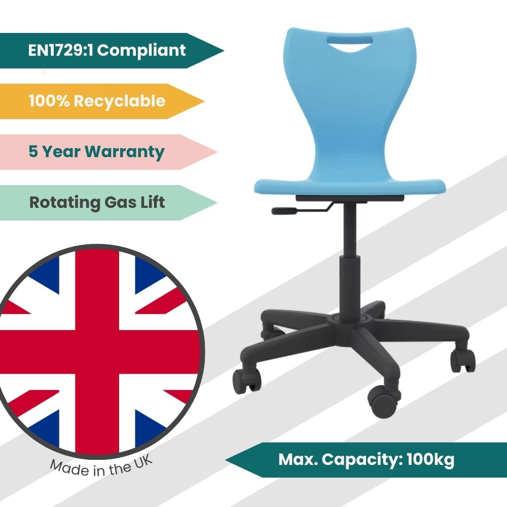 Infographic of a celestial blue mobile task chair highlighting its 360-degree rotation, 100% recyclable shell, and 5-year structural warranty.