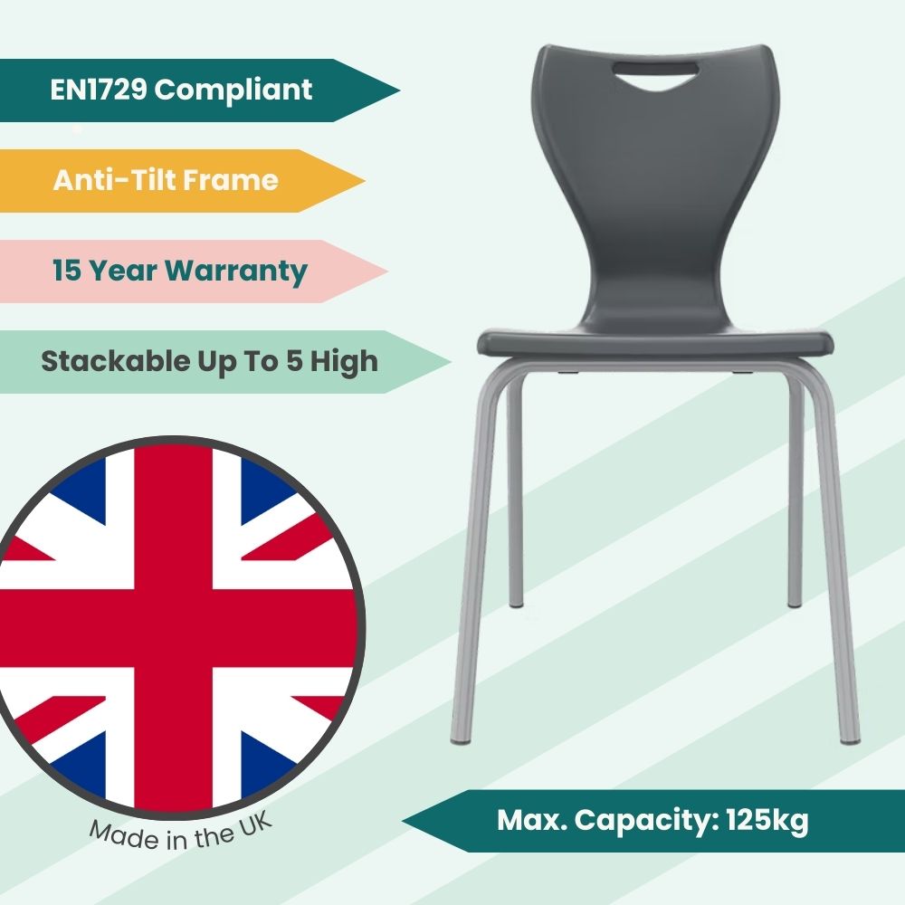 Deep grey educational chair with an easy-grip handle hole and a robust tubular steel frame designed for rigorous daily school use.
