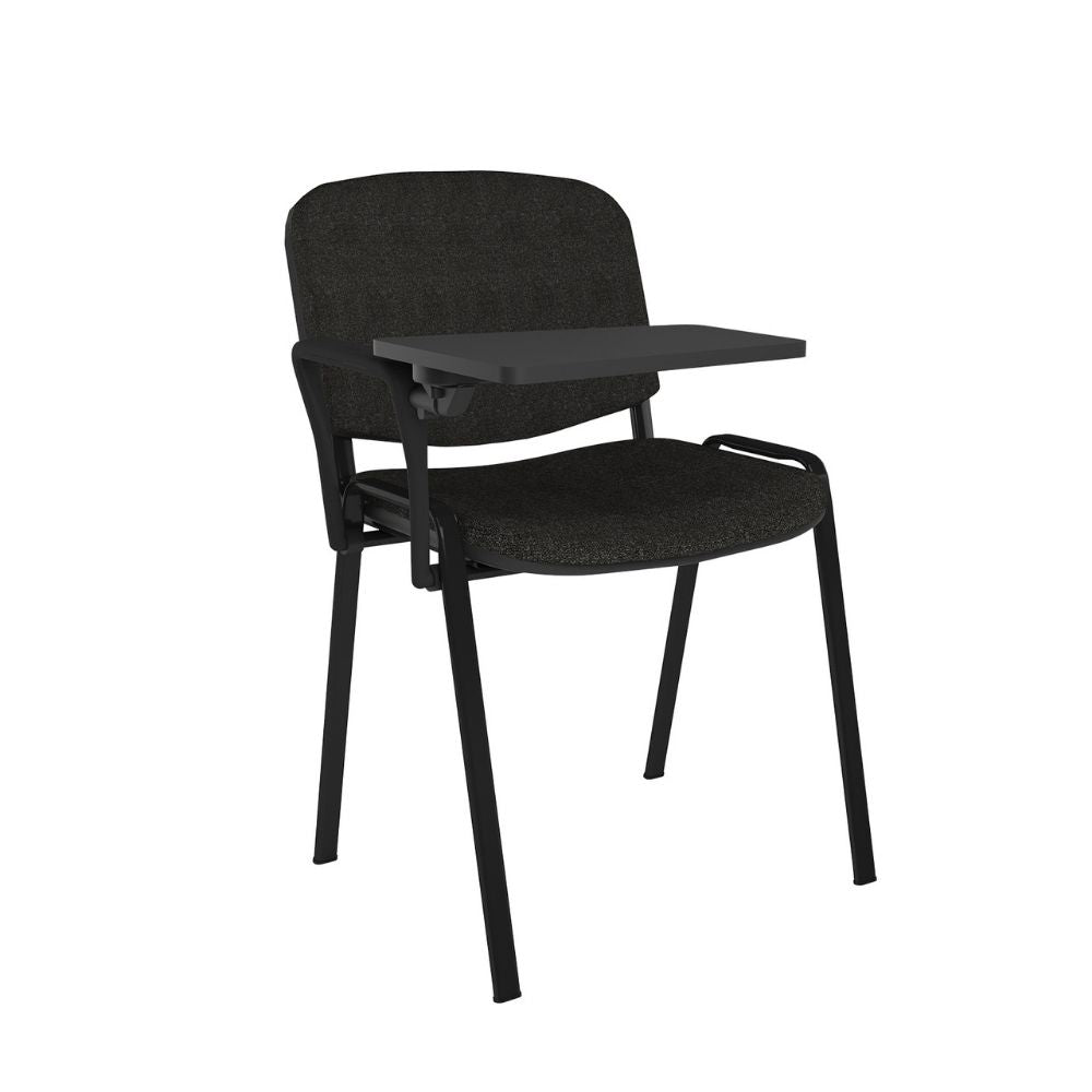 Charcoal upholstered lecture chair with fixed side writing tablet, contoured seat padding and slim metal legs suited to educational and training environments