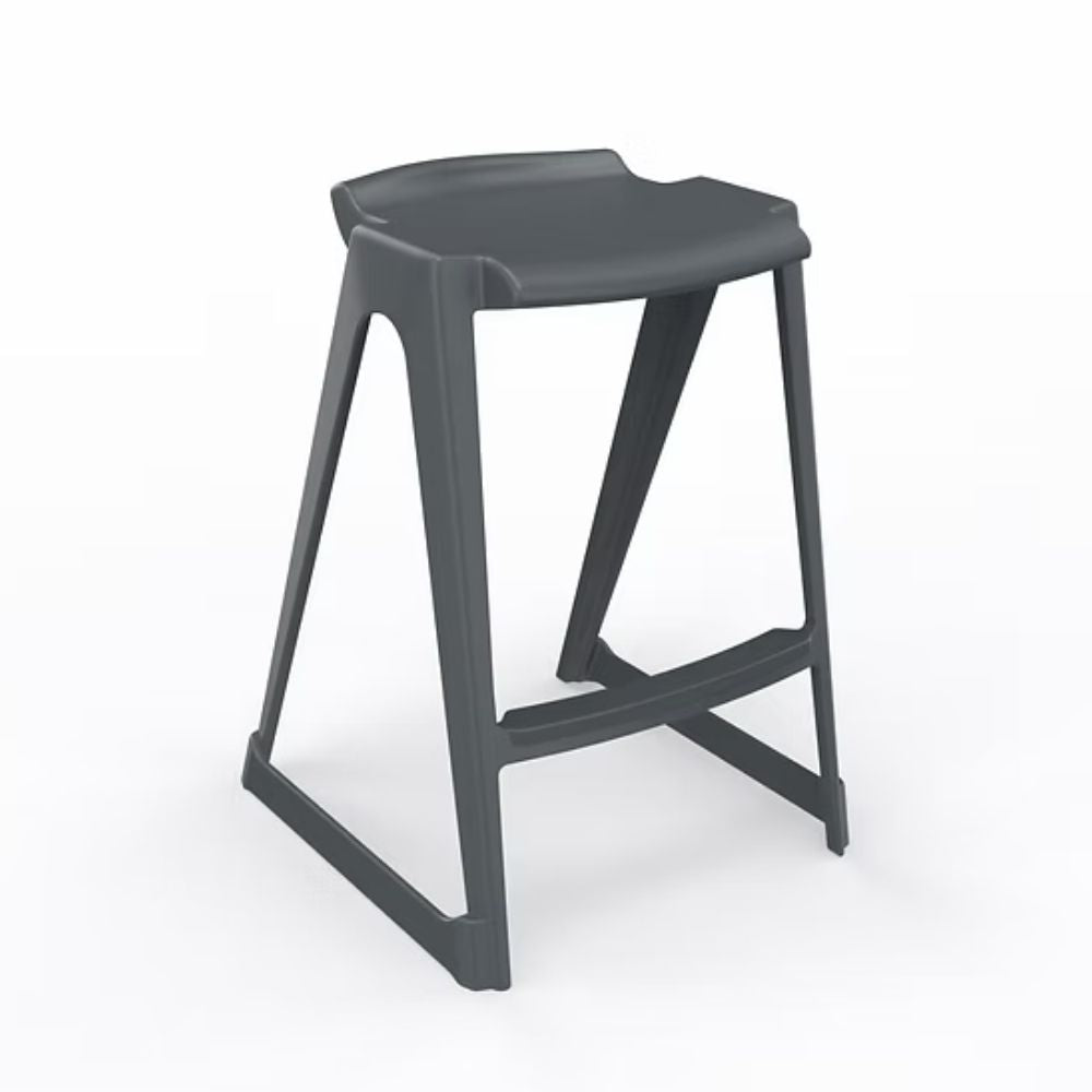 A professional charcoal-tinted polymer low back stool featuring a 610mm seat height and safety-angled footing designed to prevent tipping in high-traffic school science labs.