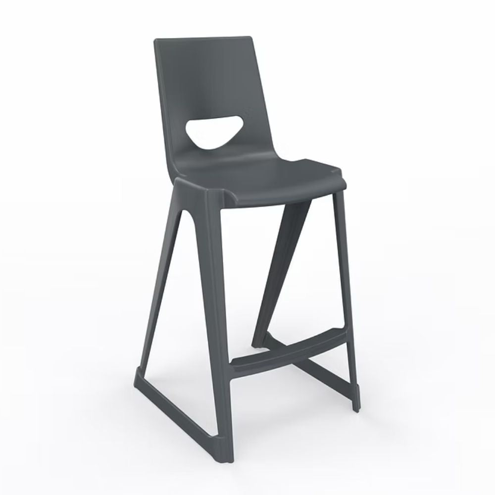 A charcoal-tinted polymer high stool featuring a 610mm seat height and a safety-angled base designed to prevent tipping in secondary school science environments.