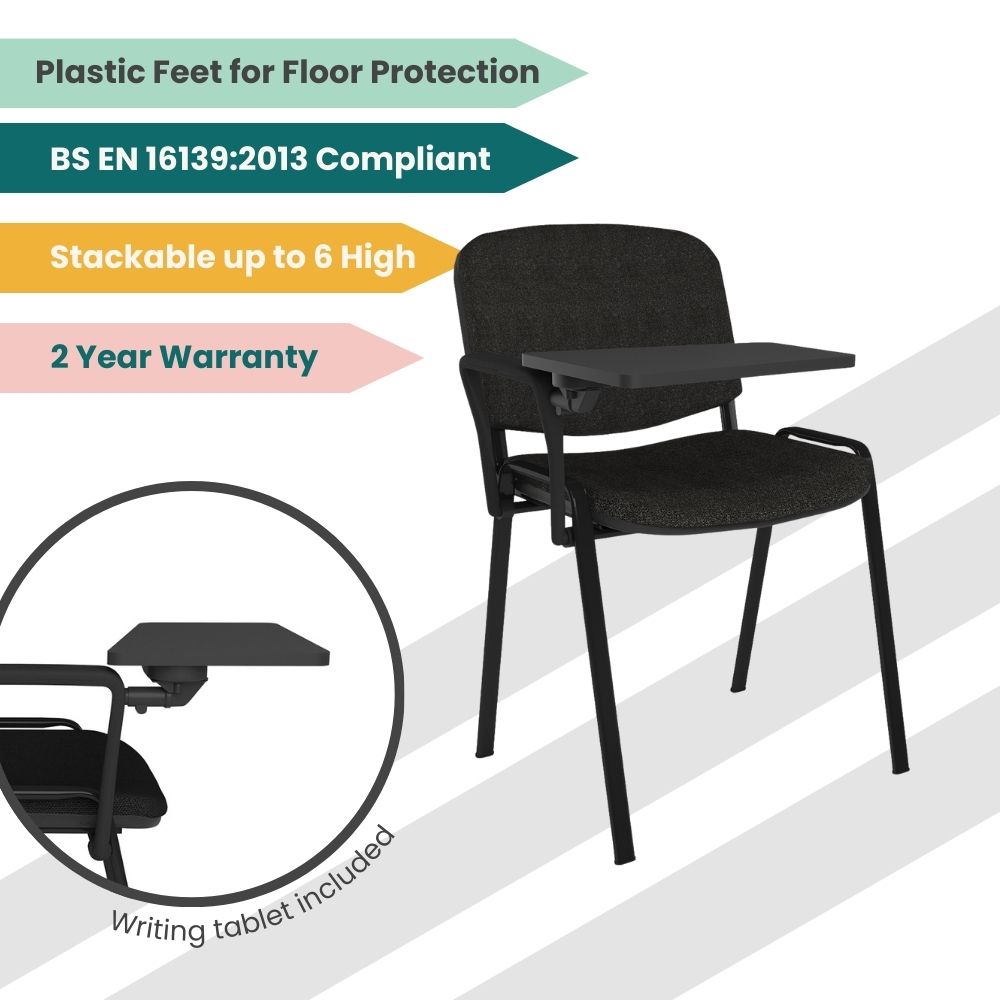 Training chair upholstered in dark fabric featuring an integrated writing tablet, plastic feet for surface protection, six high stacking capability and commercial grade certification