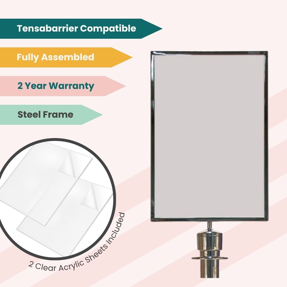 Chrome A4 sign holder with steel frame and acrylic sheets, fully assembled and compatible with Tensabarrier stanchions, ideal for professional signage.