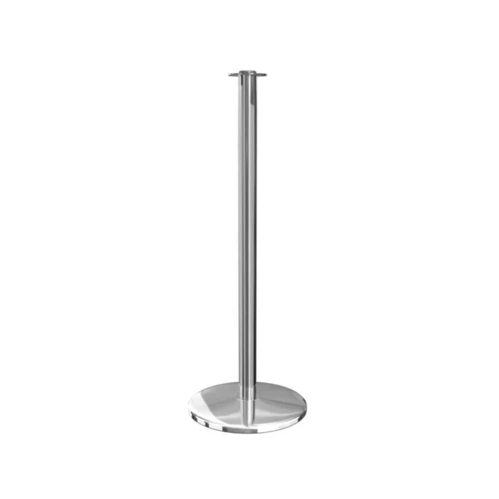 Chrome stanchion with reflective finish and rope attachment, built for high-traffic indoor environments.