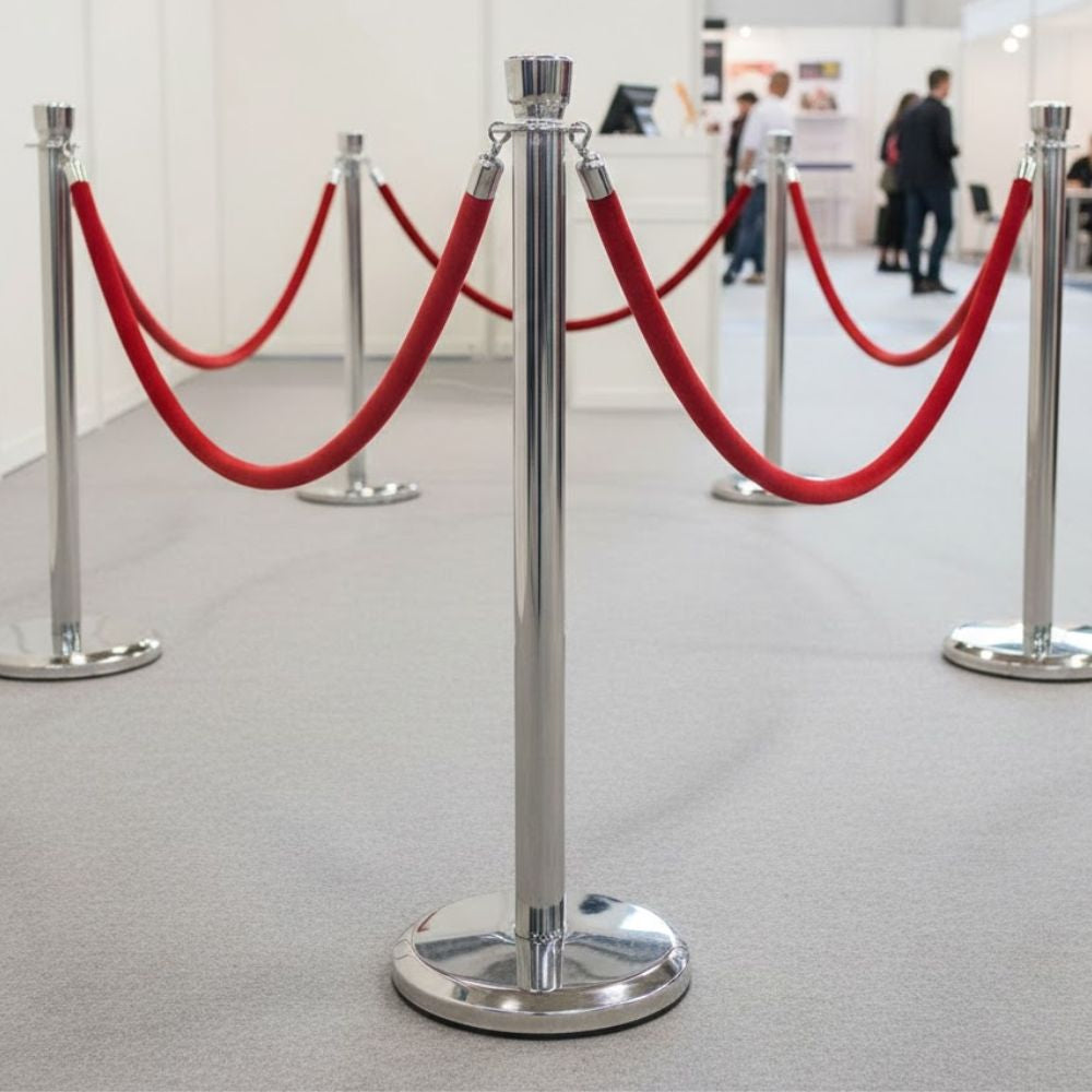 Chrome rope barrier posts connected with red velvet ropes arranged in an indoor exhibition space, used to guide visitors, control access and create elegant queueing or display areas at events, galleries, museums, hotels and trade shows.